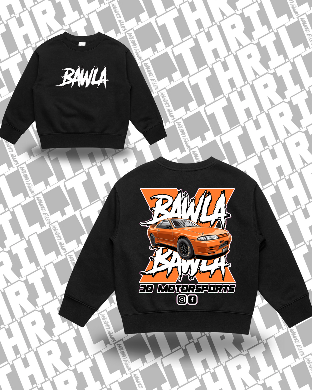 JD Motorsports Kids/Youth Relax Crew black front and back mockup