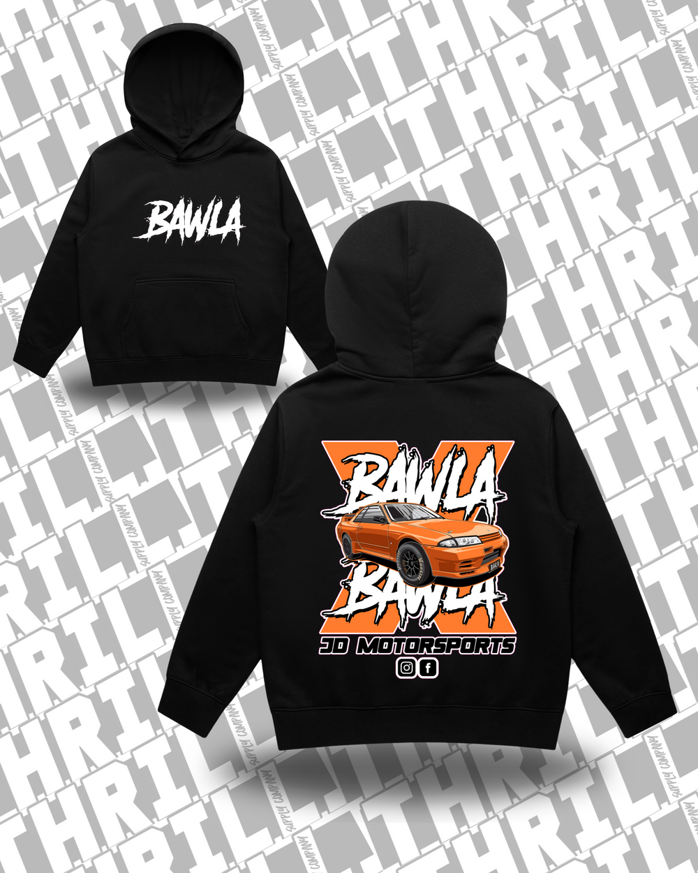 JD Motorsports Kids/Youth Relax Hood black front and back mockup