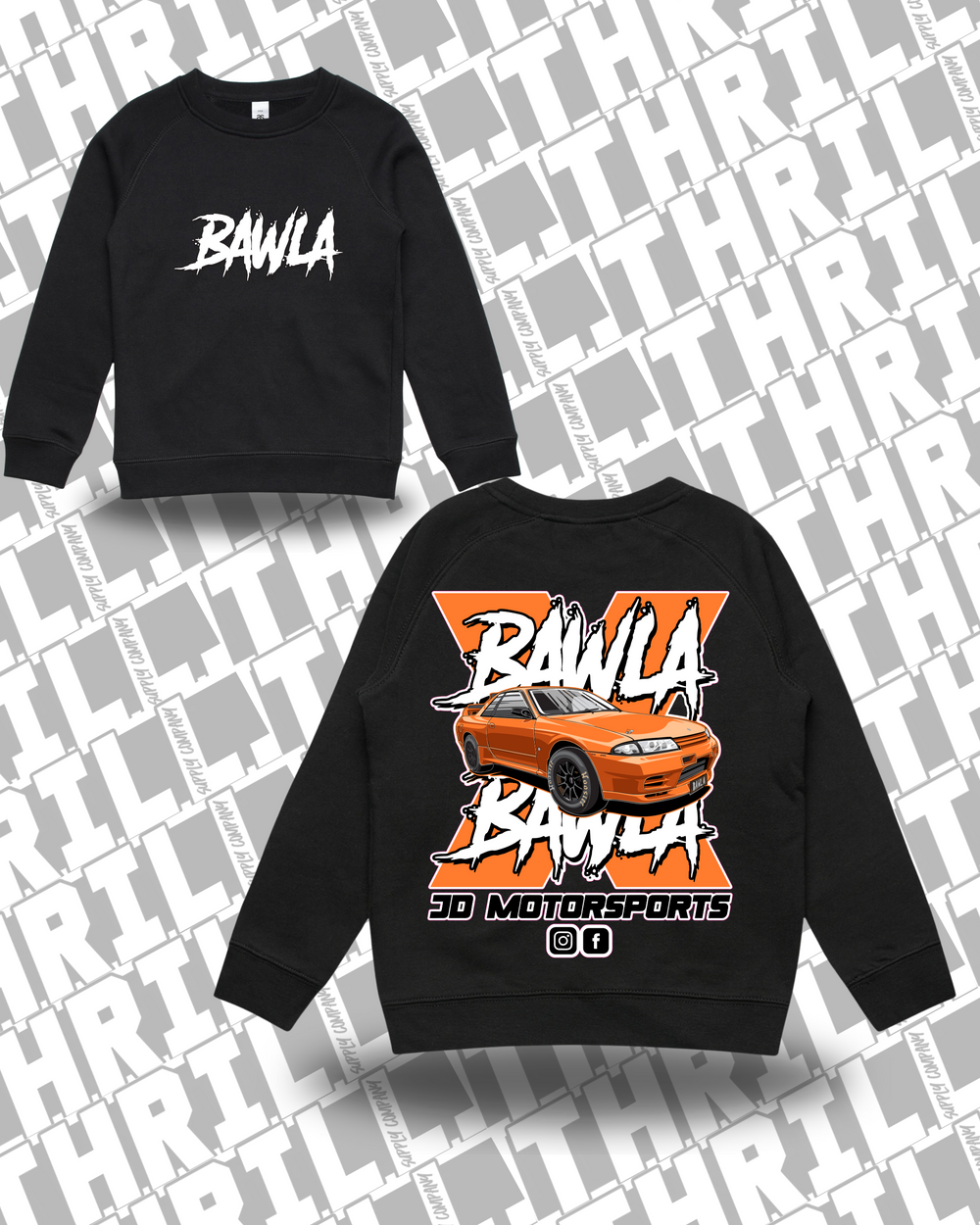 JD Motorsports Kids/Youth Supply Crew black front and back mockup