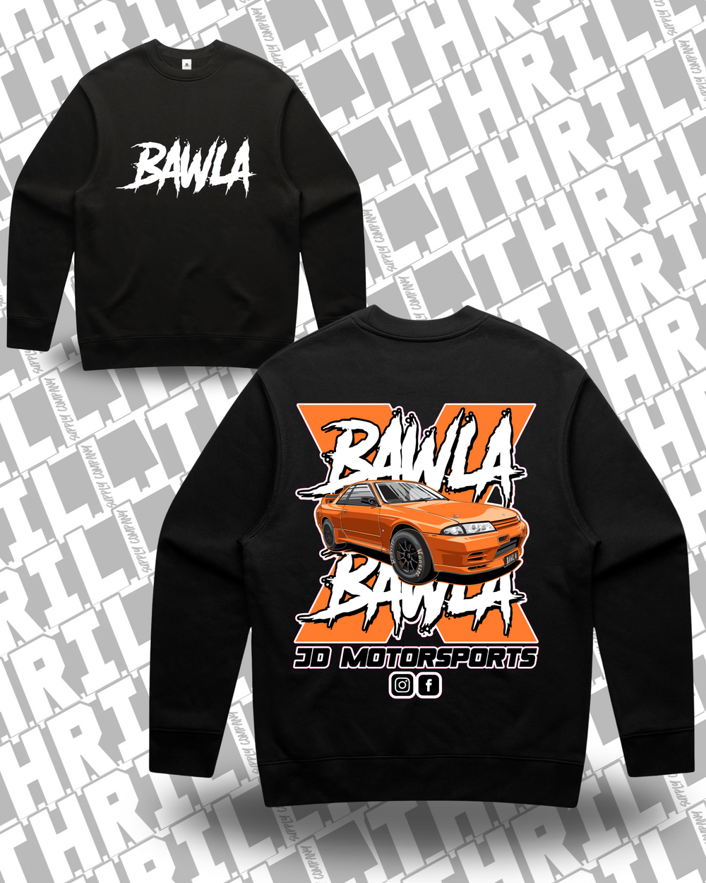 JD Motorsports Relax Crew black front and back mockup