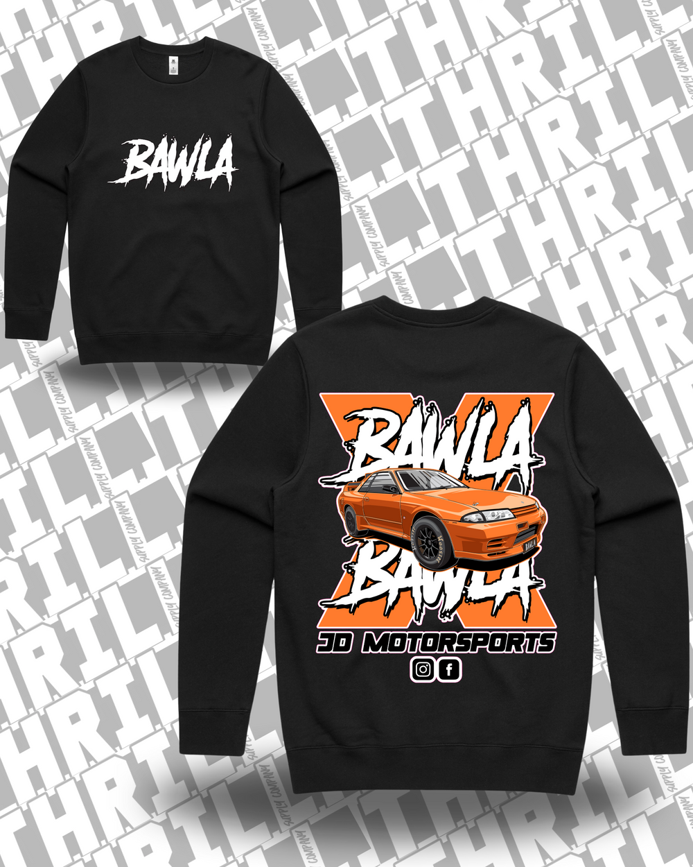 JD Motorsports Stencil Crew black front and back mockup