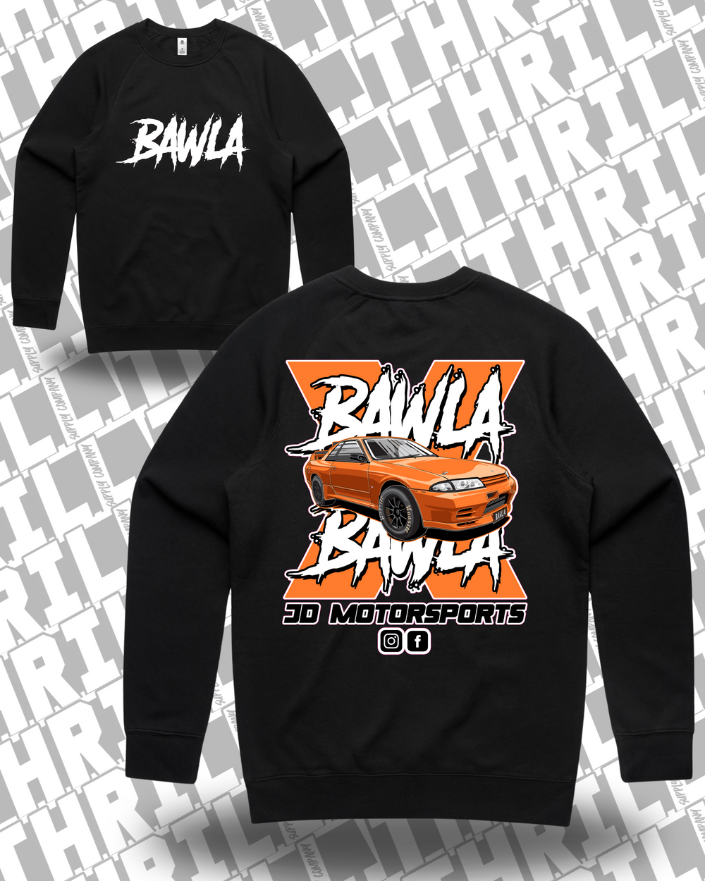 JD Motorsports Supply Crew black front and back mockup