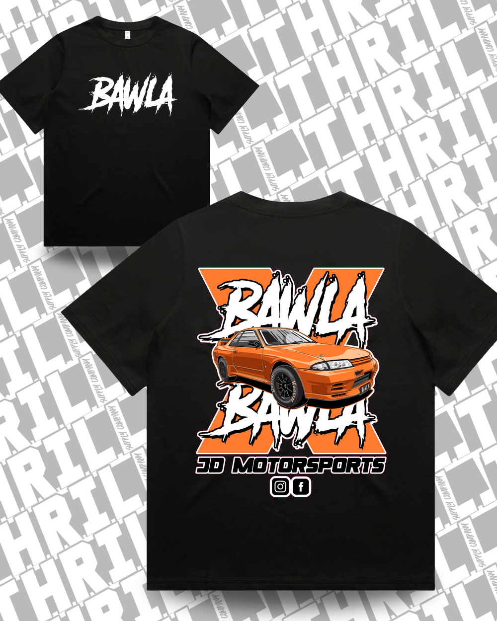 JD Motorsports Women's Heavy Tee black front and back mockup