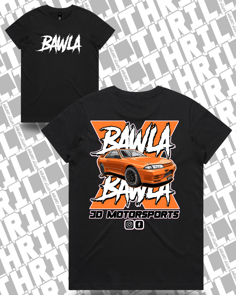 JD Motorsports Women's Maple Tee black front and back mockup